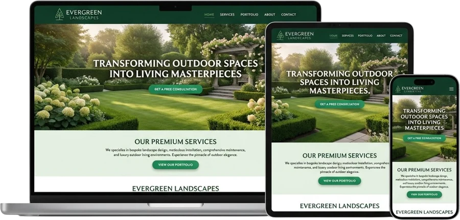 Landscaping company website on laptop, tablet and phone