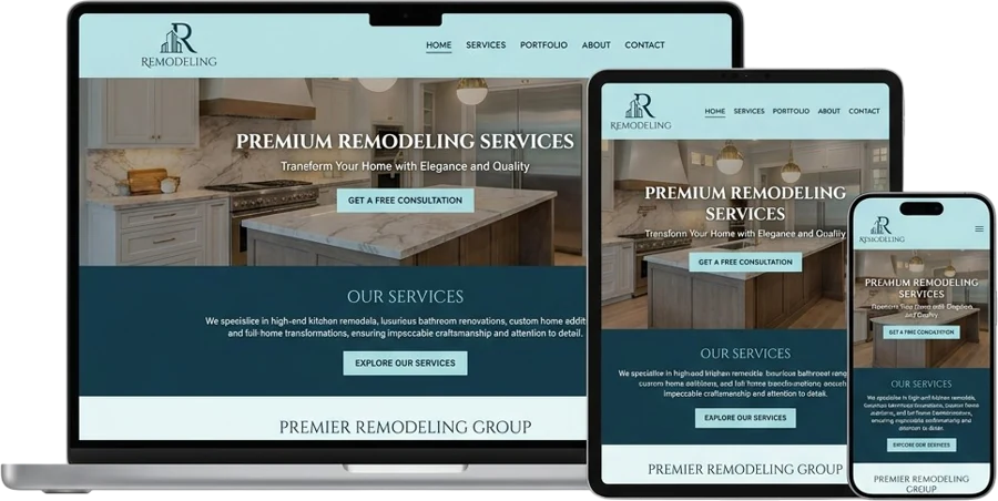 Remodeling company website on laptop, tablet and phone